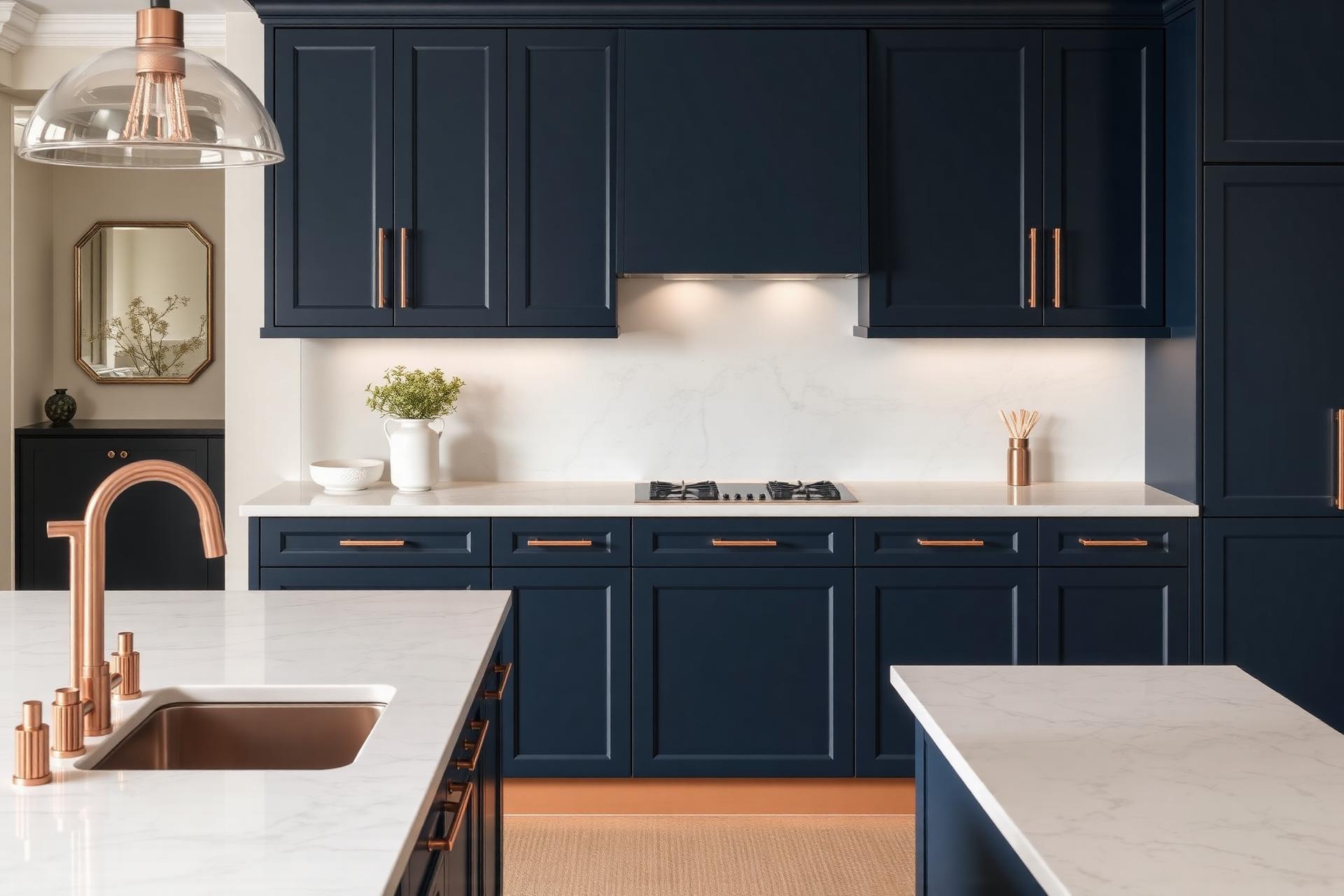 Luxury navy kitchen with rose gold handles